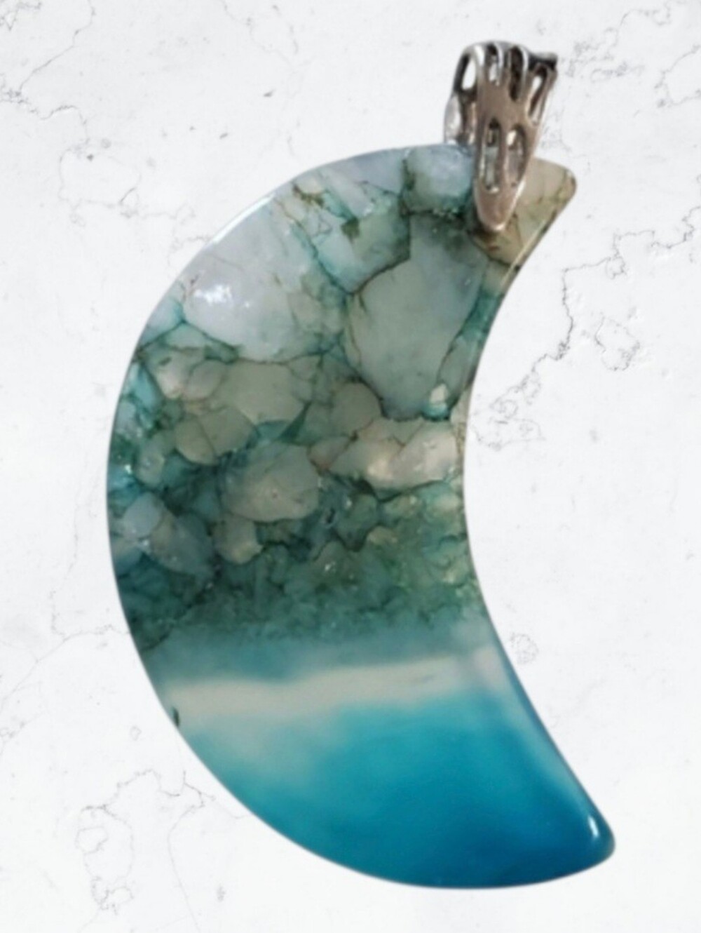 Crescent Sea-Blue and Green Agate Pendant for Necklace